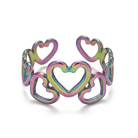 Rainbow Color Ion Plating(IP) 304 Stainless Steel Heart Wrap Open Cuff Ring for Women RJEW-A005-31MC-1