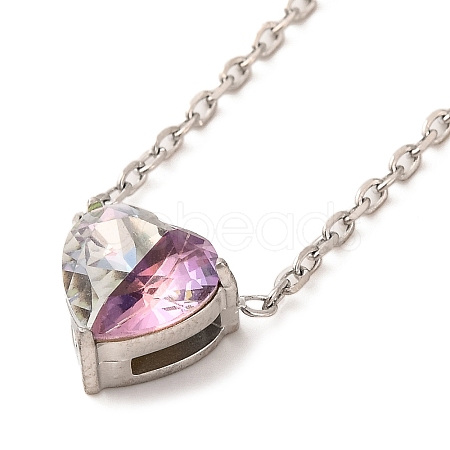 304 Stainless Steel Pave Cubic Zirconia Heart Pendant Cable Chain Necklaces for Women NJEW-G142-07P-03-1