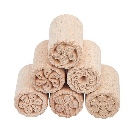 CHGCRAFT 6Pcs 6 Styles Flower Pattern Round Wooden Traditional Chinese Moon Cake Molds AJEW-CA0004-25-1