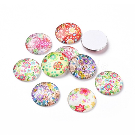 Half Round/Dome Floral Printed Glass Cabochons X-GGLA-A002-25mm-UU-1