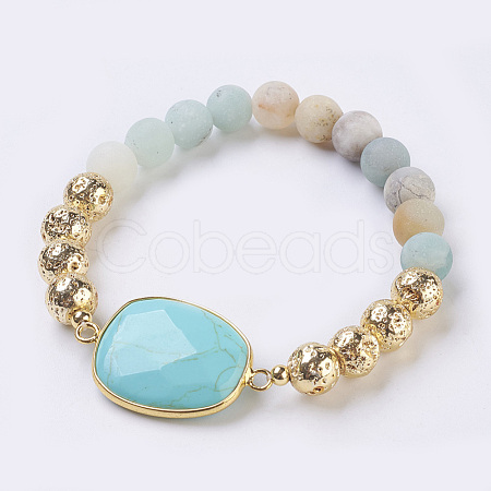 Electroplated Natural Lava Rock and Natural Frosted Amazonite Stretch Bracelets BJEW-P078-01A-1