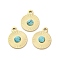 Real 14K Gold Plated 304 Stainless Steel Pave Synthetic Turquoise Pendants, Flat Round Charms, 15x12x3mm, Hole: 1.6mm