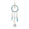 Natural Dyed Jade Imitation Aquamarine Chip Pendant Decorations with Brass Moon & Cable Chain & Electroplated Quartz Crystal Tassel HJEW-JM01650-02-1