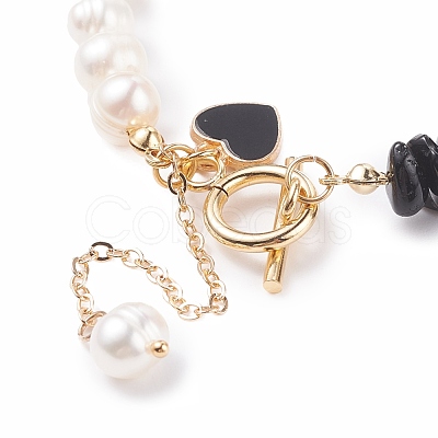 Natural Obsidian & Pearl Beaded Bracelet with Alloy Enamel Heart Charms BJEW-JB08039-06-1