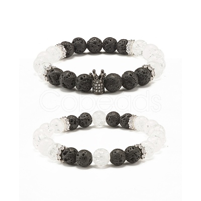 Natural Crackle Quartz & Lava Rock Round Beads Stretch Bracelets Set BJEW-JB07205-1