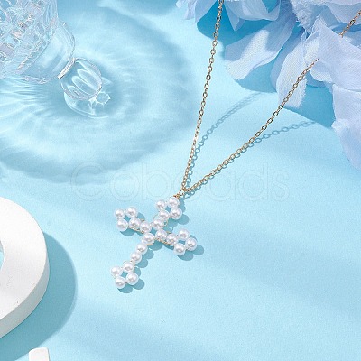 Cross Fleury Acrylic Imitation Pearl Pendant Necklaces NJEW-JN04985-1