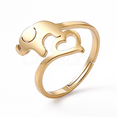 Ion Plating(IP) 201 Stainless Steel Elephant with Heart Adjustable Ring for Women RJEW-K238-07G-1