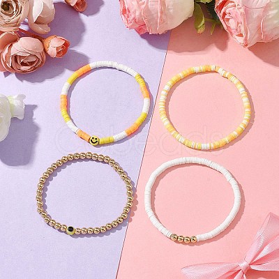 4Pcs Evil Eye & Smiling Face Polymer Clay & Plastic Beaded Stretch Bracelet Sets BJEW-JB10226-1