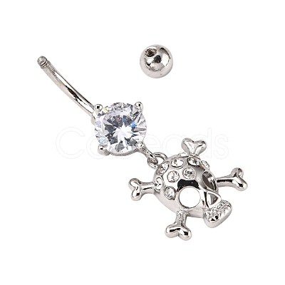 Piercing Jewelry Real Platinum Plated Brass Rhinestone Pirate Style Skull Navel Ring Belly Rings AJEW-EE0001-28-1