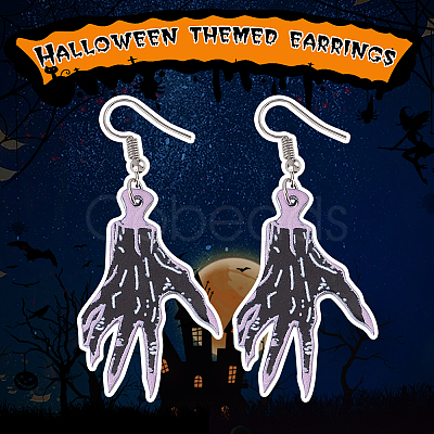 ANATTASOUL 3 Pairs 3 Style Skeleton Hand & Bat & Bottle Acrylic Dangle Earrings for Halloween EJEW-AN0002-93-1