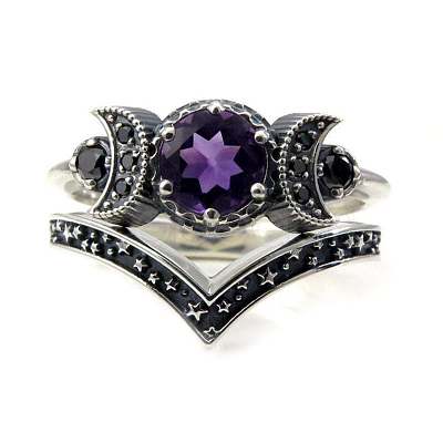 Gothic Purple Crystal Ring with Triple Moon Goddess - Black Diamond Jewelry for Women ST4544590-1