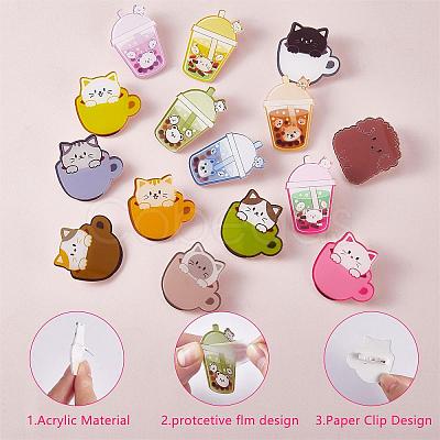 14 Pieces Acrylic Brooch Pins Set Cup Cat and Animal Milk Tea Label Pins Cute Cartoon Animal Badges Pins Creative Backpack Pins Jewelry for Jackets Clothes Hats Decorations JBR111A-1