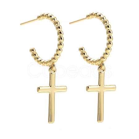 C-Shape with Cross Dangle Stud Earrings Brass Long Drop Half Hoop Earrings for Women EJEW-E167-01G-1