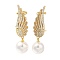 Rack Plating Feather Brass Micro Pave Clear Cubic Zirconia Stud Earrings, with ABS Plastic Pearl, Long-Lasting Plated, Lead Free & Cadmium Free, Left and Right, Real 18K Gold Plated, 45.5x12mm