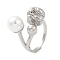 304 Stainless Steel Round Ball Open Cuff Ring with ABS Plastic Imitation Pearl, Stainless Steel Color, Inner Diameter: 17mm