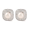 925 Sterling Silver Square Stud Earrings, with Natural Pearl & Clear Cubic Zirconia, Real Platinum Plated, 13x13mm