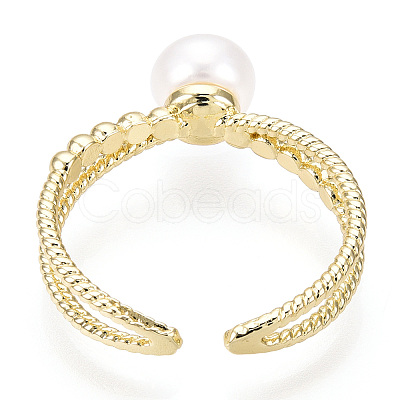 Natural Pearl Double Lines Brass Open Cuff Finger Rings PEAR-N022-C08-1