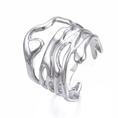 Non-Tarnish 304 Stainless Steel Wave Open Cuff Ring RJEW-T023-31P-1