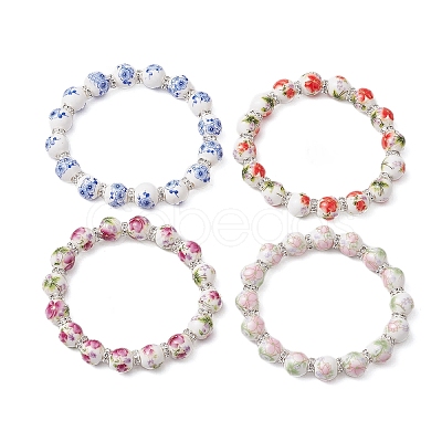 Handmade Flower Printed Porcelain Ceramic Beaded Stretch Bracelet BJEW-JB11063-1