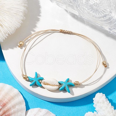 Synthetic Turquoise & Cowrie Shell Braided Starfish & Shell Shape Bead Bracelets for Women BJEW-JB10197-02-1