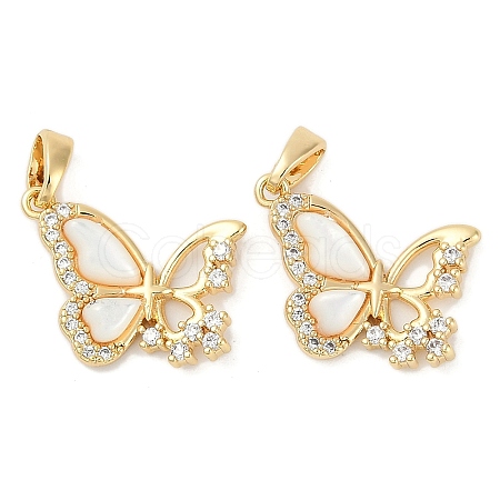 Brass Pave Natural White Shell Butterfly Pendants KK-U043-28G-1