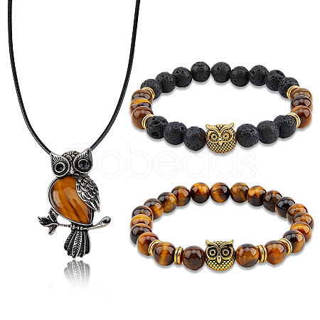 FIBLOOM Alloy Owl Pendant Necklace & Beaded Stretch Bracelets SJEW-FI0001-06-1