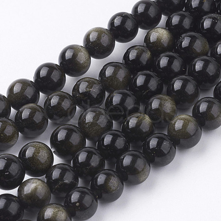 Natural Golden Sheen Obsidian Beads Strands G-C068-8mm-9-1