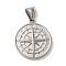 Non-Tarnish 304 Stainless Steel Pendants, Flat Round with Compass Charm, Stainless Steel Color, 29x25.5x5mm, Hole: 8.5x4mm