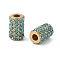 Ion Plating(IP) 304 Stainless Steel Beads, with Rhinestone, Column, Golden, Aquamarine, 11x7mm, Hole: 3mm