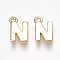 Brass Charms, Letter, Nickel Free, Real 18K Gold Plated, Letter.N, 8.5x5.5x1.5mm, Hole: 0.8mm