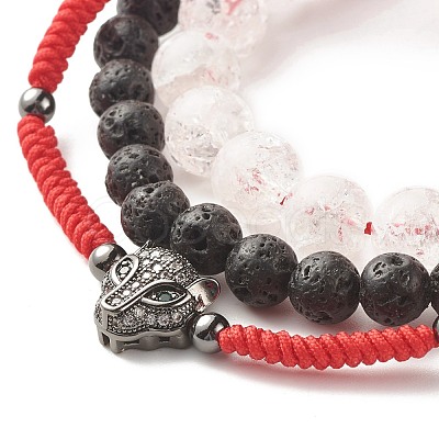 Natural Crackle Quartz & Lava Rock Braided Bead Bracelets Set BJEW-JB07212-01-1