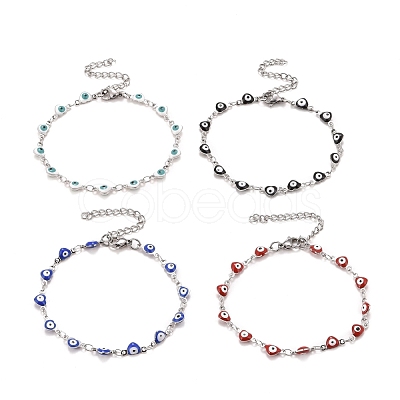 Enamel Heart with Evil Eye Link Chains Bracelet BJEW-P271-07P-1