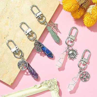 5Pcs 5 Style Copper Wire Wrapped Gemstone Bullet Pendant Decorations HJEW-JM01238-P-1