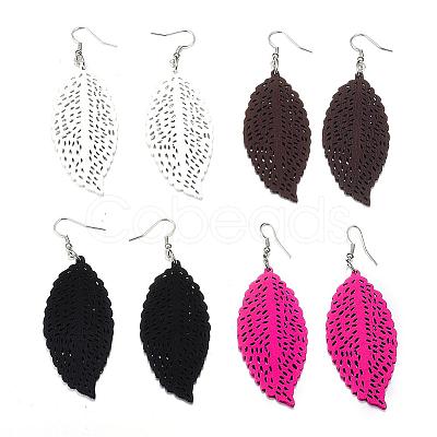 Trendy Leaf Wood Dangle Earrings EJEW-F062-D-1