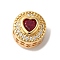 Flat Round with Heart Pattern Rack Plating Brass Micro Pave Cubic Zirconia European Beads, Large Hole Beads, Cadmium Free & Lead Free, Long-Lasting Plated, Real 18K Gold Plated, Medium Violet Red, 12x11.5mm, Hole: 4.5mm