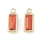 304 Stainless Steel Charms, with Glass, Rectangle Charms, Real 14K Gold Plated, Red, 11x4x4mm, Hole: 1.4mm