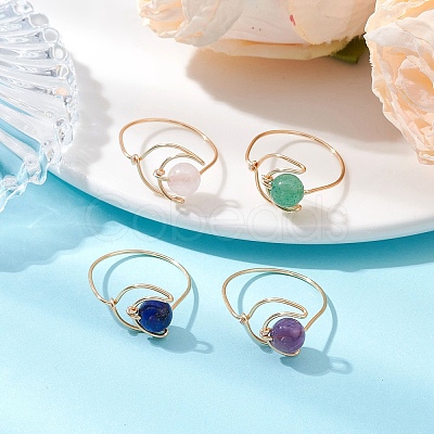 4Pcs 4 Styles Moon Natural Green Aventurine & Rose Quartz & Amethyst & Lapis Lazuli Finger Rings RJEW-JR00799-02-1