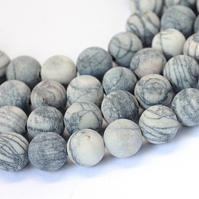 Frosted Natural Black Silk Stone/Netstone Round Bead Strands X-G-E334-6mm-25-1