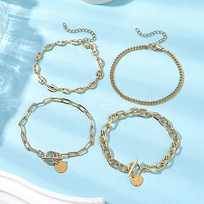 4Pcs 4 Styles 304 Stainless Steel & Brass Chain Bracelets BJEW-JB11022-1