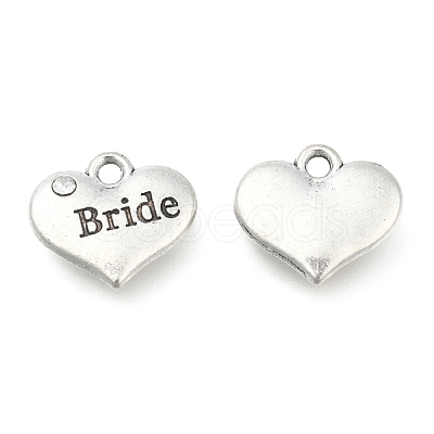 Wedding Theme Antique Silver Tone Tibetan Style Heart with Bride Rhinestone Charms X-TIBEP-N005-12E-1