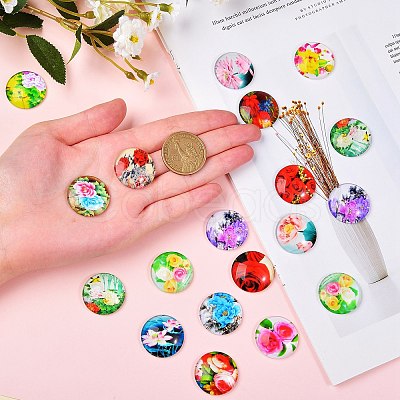 100Pcs Flower Printed Glass Cabochons GGLA-SZ0001-19-1