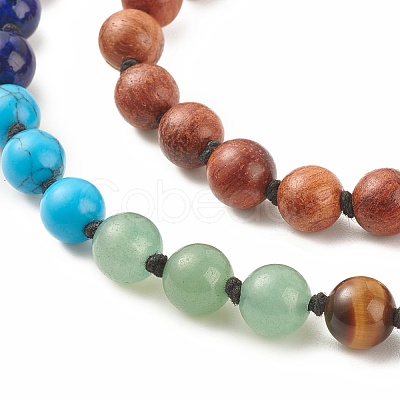 Round Wood & Mixed Gemstone Beaded Double Layer Necklace with Brass Magnetic Claslp NJEW-JN03857-1