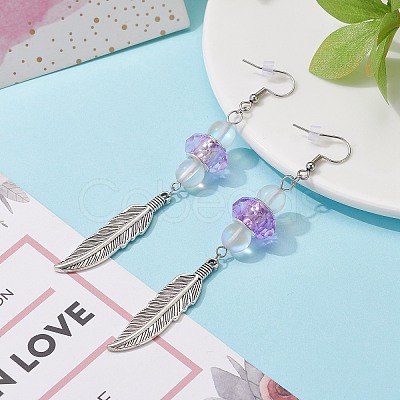 Feather with Round Beads Long Dangle Earrings for Girl Women EJEW-JE04681-1