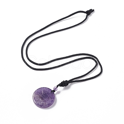 Natural Amethyst Flat Round with Hexagon Pendant Necklace with Nylon Cord for Women NJEW-P274-05-02-1