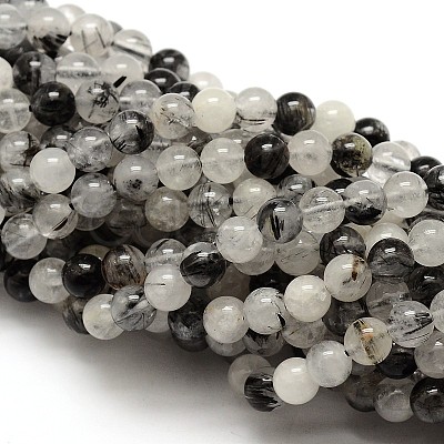 Natural Gemstone Black Rutilated Quartz Round Beads Strands G-E251-30-4mm-1