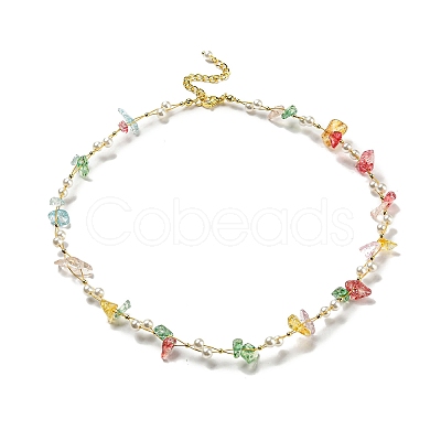 PVD Vacuum Plating Natural & Synthetic Mixed Gemstone Chips & Plastic Pearl Beaded Necklace NJEW-B094-04G-1