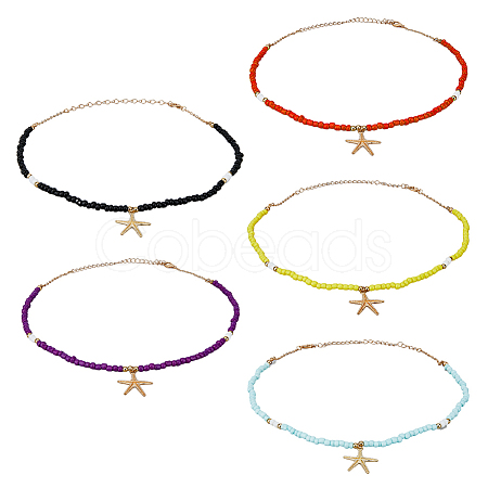 FIBLOOM 5Pcs 5 Colors Alloy Starfish Pendant Necklaces Set with Glass Beaded Chains NJEW-FI0001-39-1