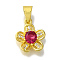 Flower Rack Plating Brass Micro Pave Cubic Zirconia Pendant, with Glass Rhinestone, Lead Free & Cadmium Free, Long-Lasting Plated, Golden, Dark Red, 15x12x4mm, Hole: 5x4mm