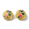 Rack Plating Brass Enamel Beads, Long-Lasting Plated, Cadmium Free & Lead Free, Real 18K Gold Plated, Flat Round with Flower, Fuchsia, 16x10mm, Hole: 1.6mm