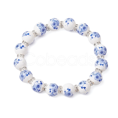 Handmade Flower Printed Porcelain Ceramic Beaded Stretch Bracelet BJEW-JB11063-1